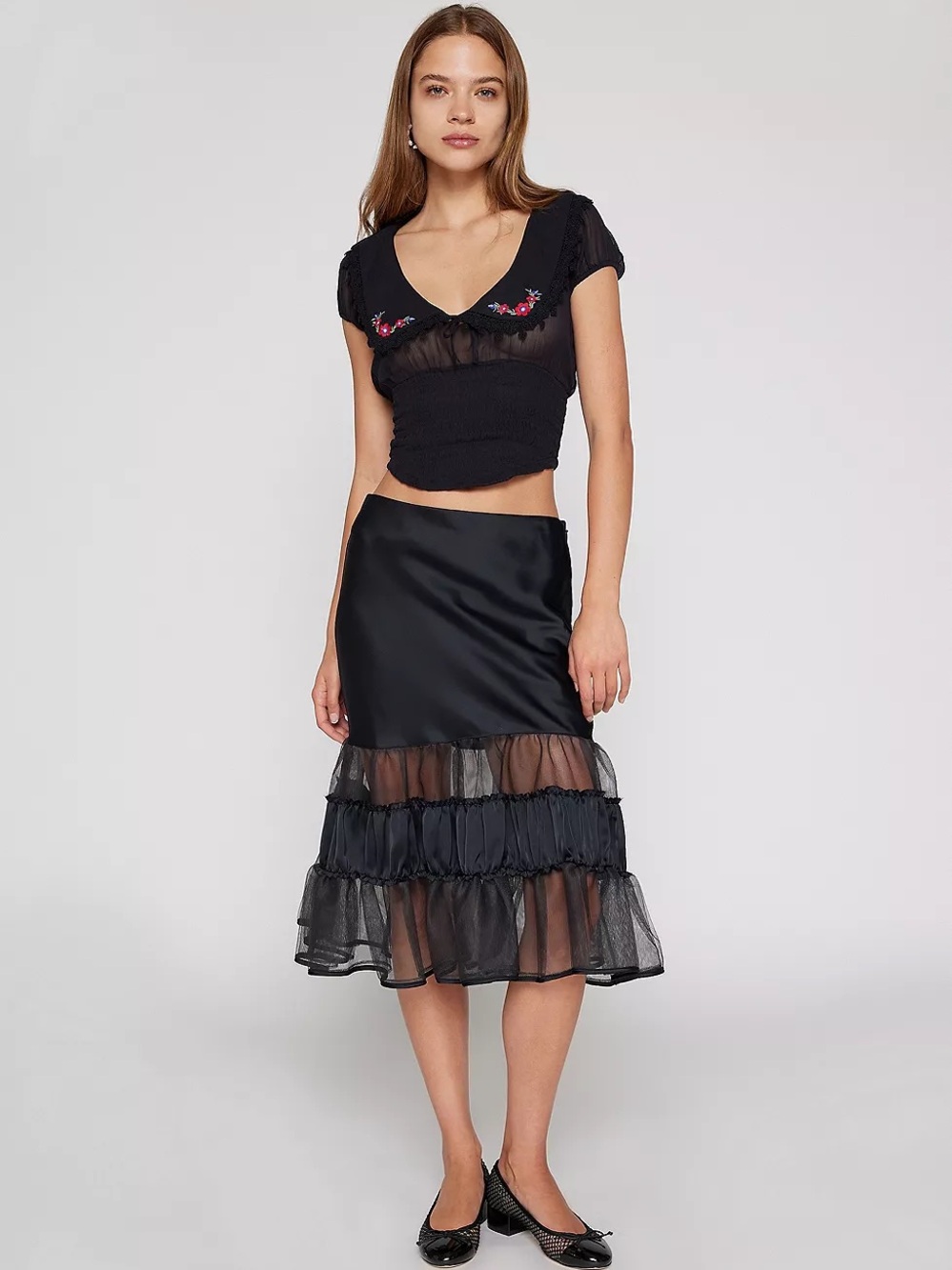 Kimchi Blue Black Sheer-Tier Satin Midi Skirt